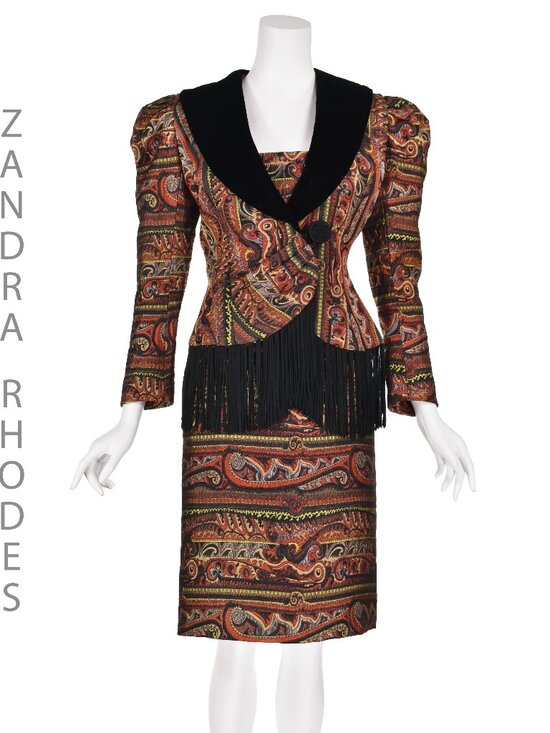 Zandra Rhodes Jackets & Blazers - ZANDRA RHODES Rare '80s Jacquard Suit w/Velvet Lapels & Long Black Fringe, SZ SM